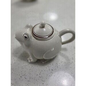 Fitz & Floyd Vintage Frog Shaped Ceramic Teapot Glazed White Brown Trim with Lid